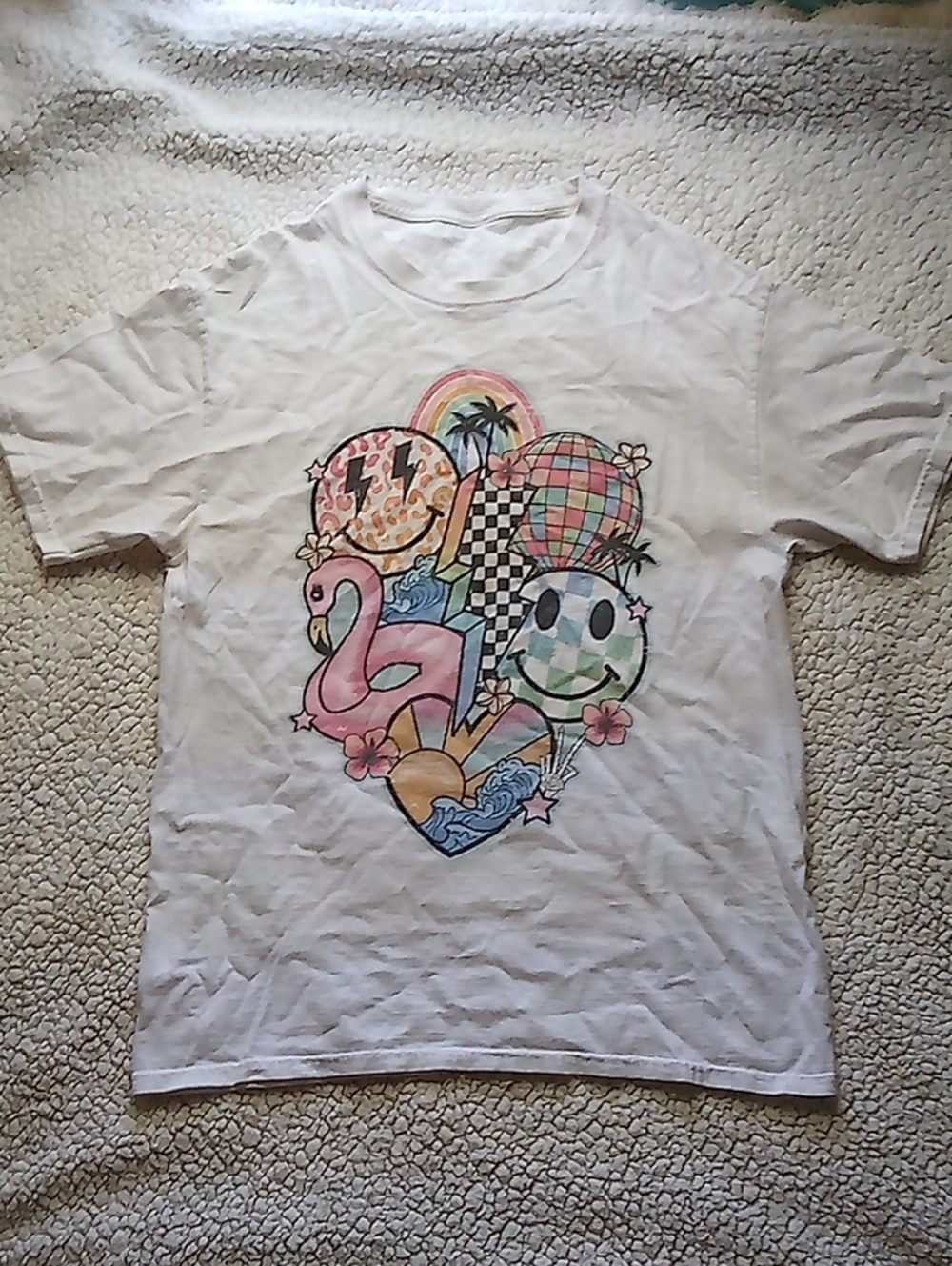 Kids White Graphic Tee with Colorful Retro Summer Print